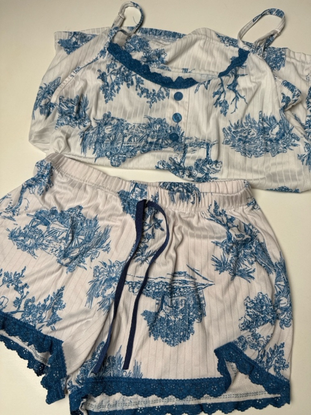 Joan Vass Blue Toile Lace-Trim Cami & Shorts Sleep Set